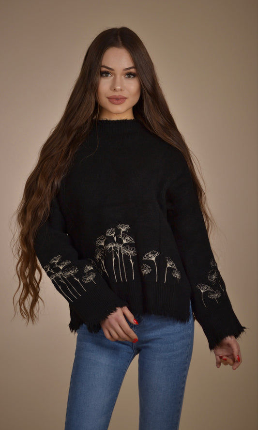 Пуловер бродерия цветя черен 1033