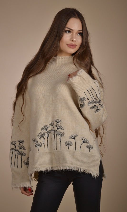 Пуловер бродерия цветя екрю 1033